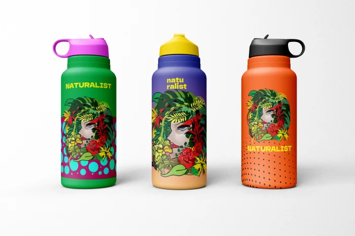 Mockups of water bottles featuring "Naturalist" ideograms.