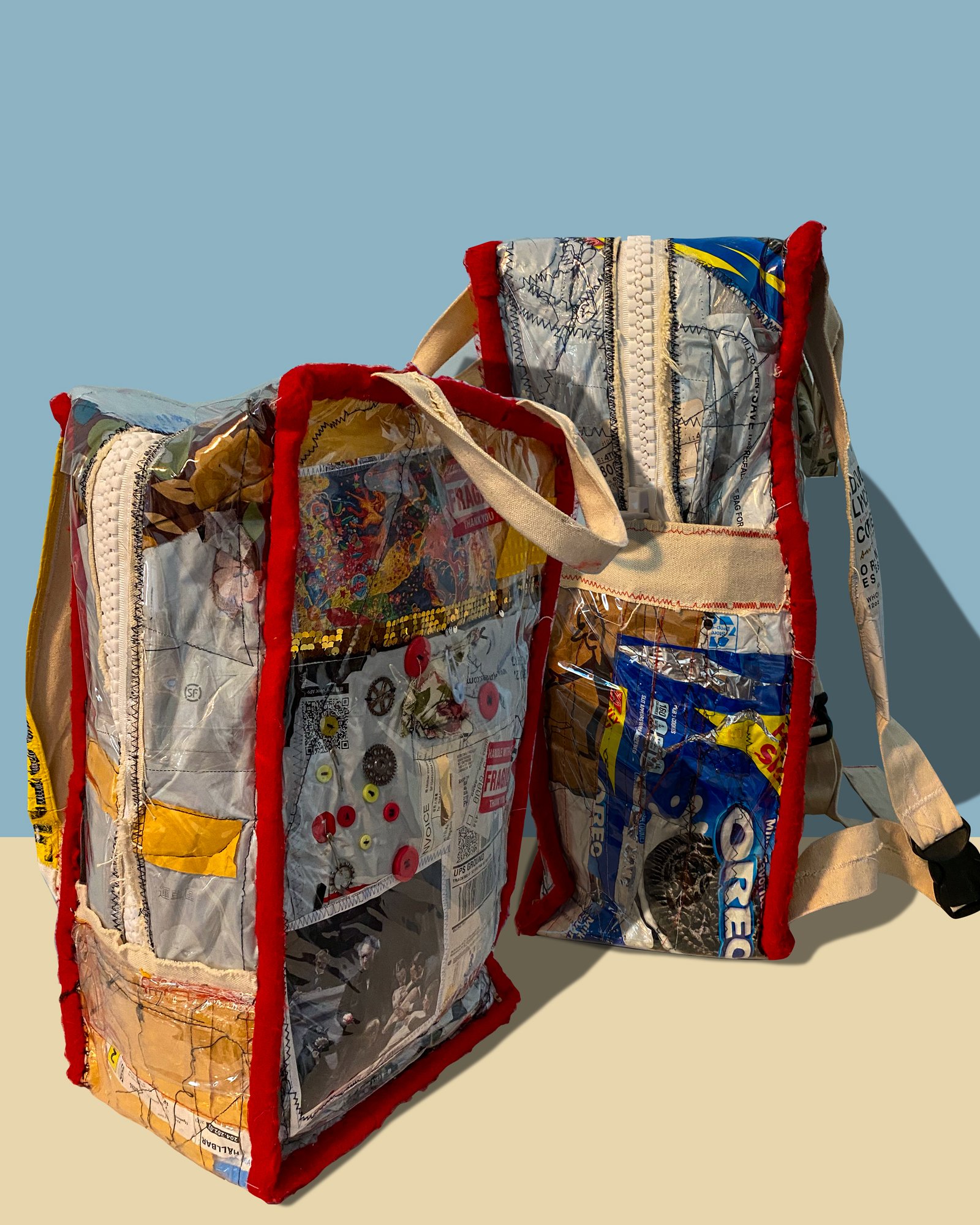 This backpack is crafted from unwanted mail packages and structured in a collage-like manner reminiscent of Dadaism. Its design not only addresses the issue of overconsumption but also highlights the urgent concern of ocean pollution.