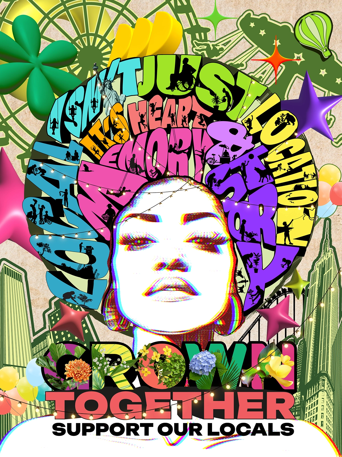 The image contains the main slogans "GROWN TOGETHER" and "SUPPORT OUR LOCALS" at the bottom, while the text inside the circular hair silhouette reads "LOCAL IS NOT JUST A LOCATION" and "IT'S HEART, MEMORY & HISTORY."