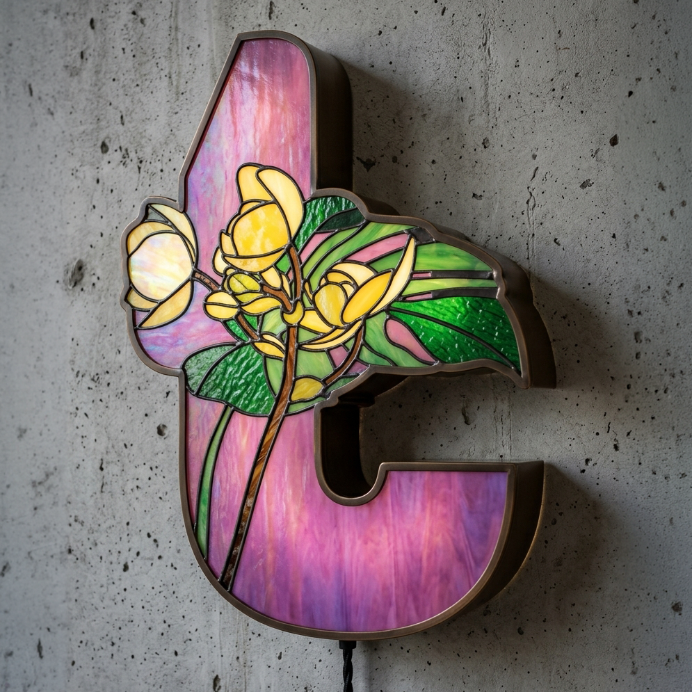 An illuminated lowercase letter-shaped light box featuring a pink marbled stained-glass background, green leaves, and yellow floral designs, mounted on a concrete wall.