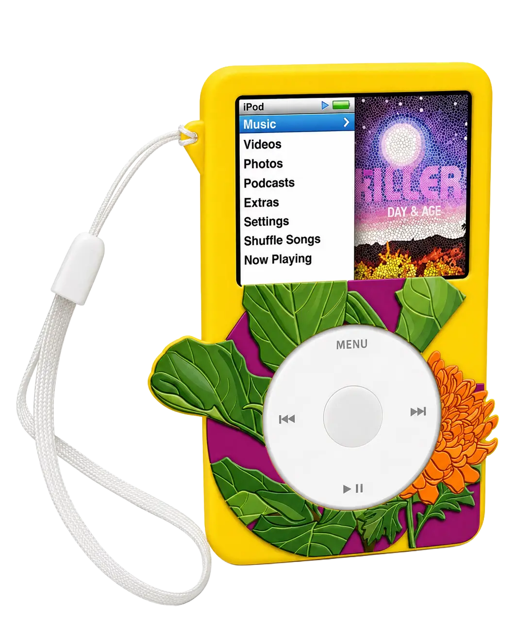 A yellow Tirakas iPod Classic case featuring a 3D embossed botanical design with green leaves and an orange flower around the click wheel, complete with a white wrist strap.
