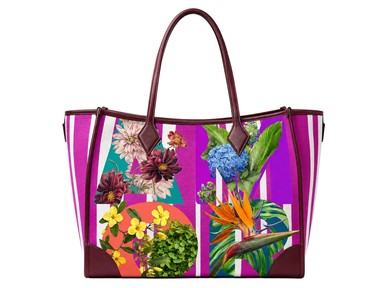 A canvas tote bag featuring vertical magenta and white stripes, burgundy leather handles and trim, and a large "AMOR" typography graphic overlaid with colorful tropical flowers.