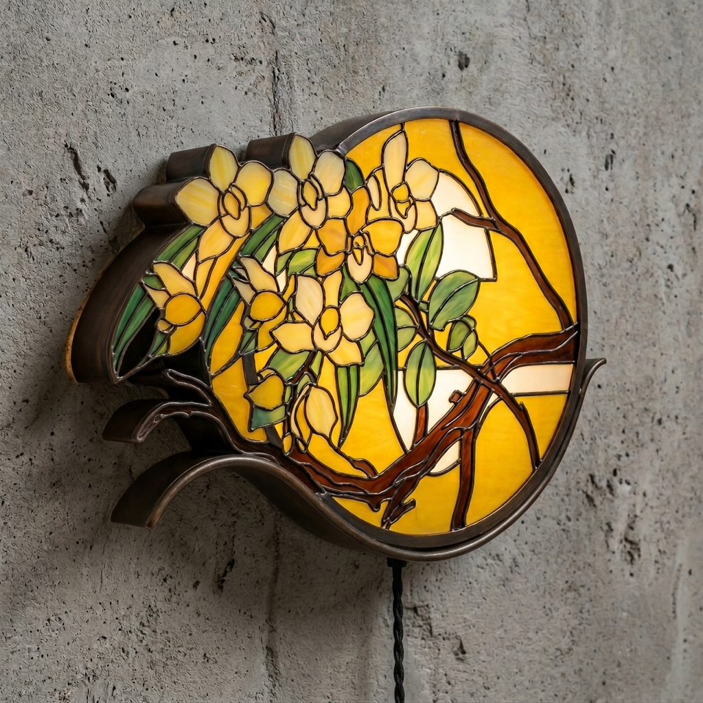 An illuminated circular, letter-shaped light box featuring a yellow stained-glass background, brown tree branches, and yellow blossoms, mounted on a concrete wall.