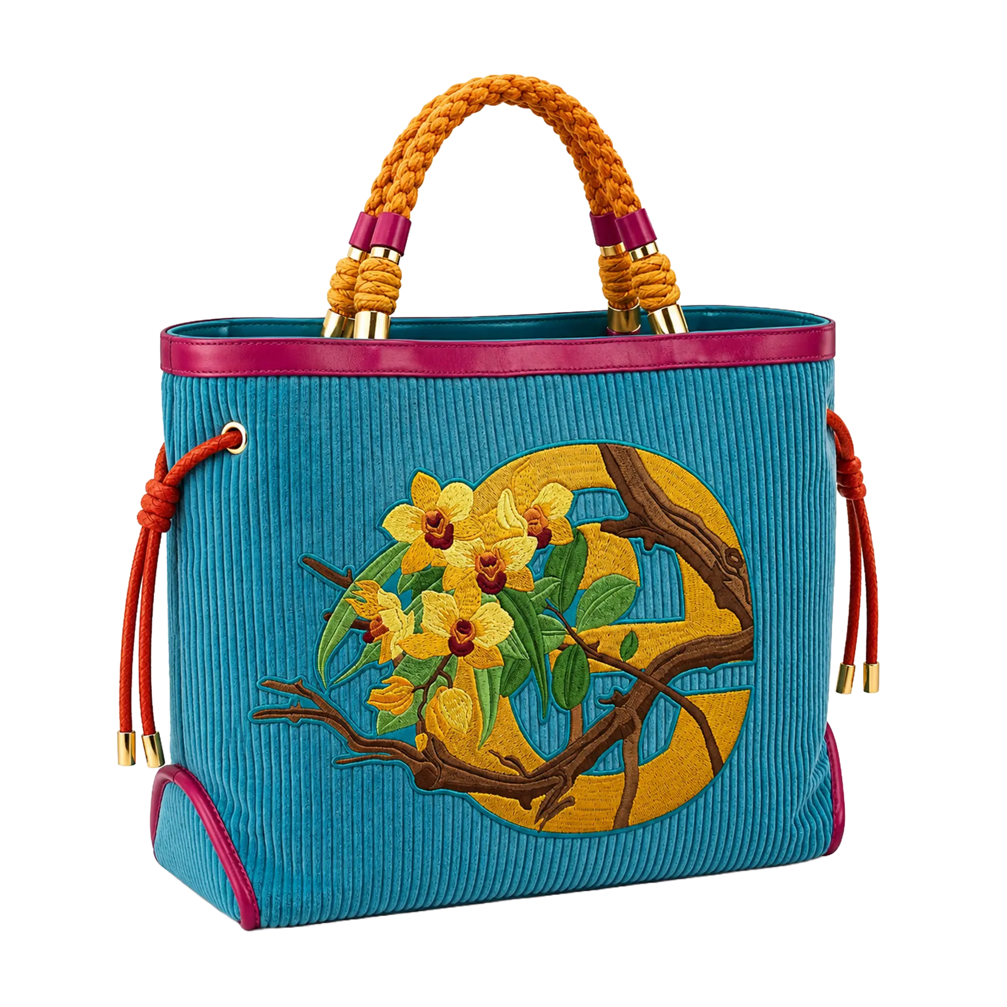 A turquoise corduroy tote bag featuring thick braided orange top handles, pink leather trim, gold-tone hardware, and a large embroidered circular "E" patch with yellow orchids and tree branches.
