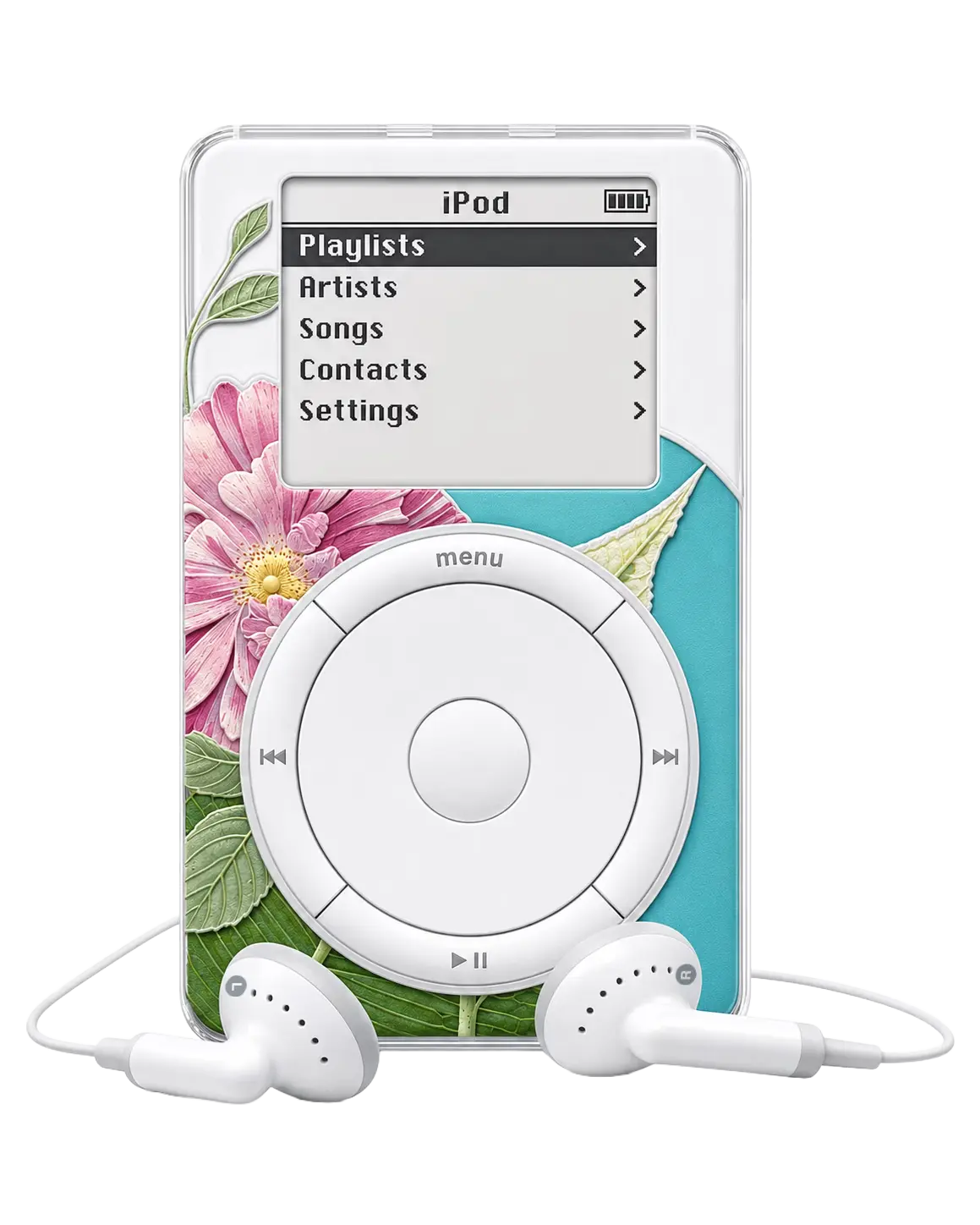 A white Tirakas case for an original 2001 iPod featuring a 3D embossed pink dahlia and green foliage around the mechanical wheel, paired with white earbuds.