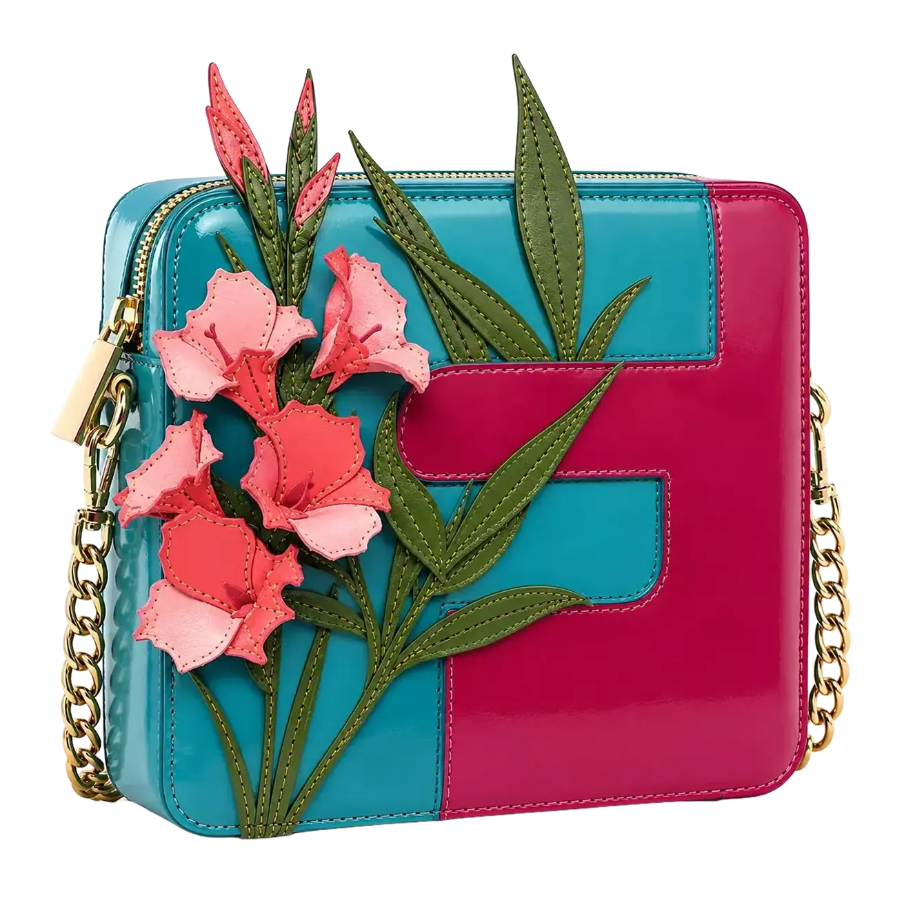 structured colorblock patent leather crossbody bag in turquoise and magenta, featuring a large 3D leather letter "F" shape, pink floral appliqués, green leaves, and gold-tone chain straps.