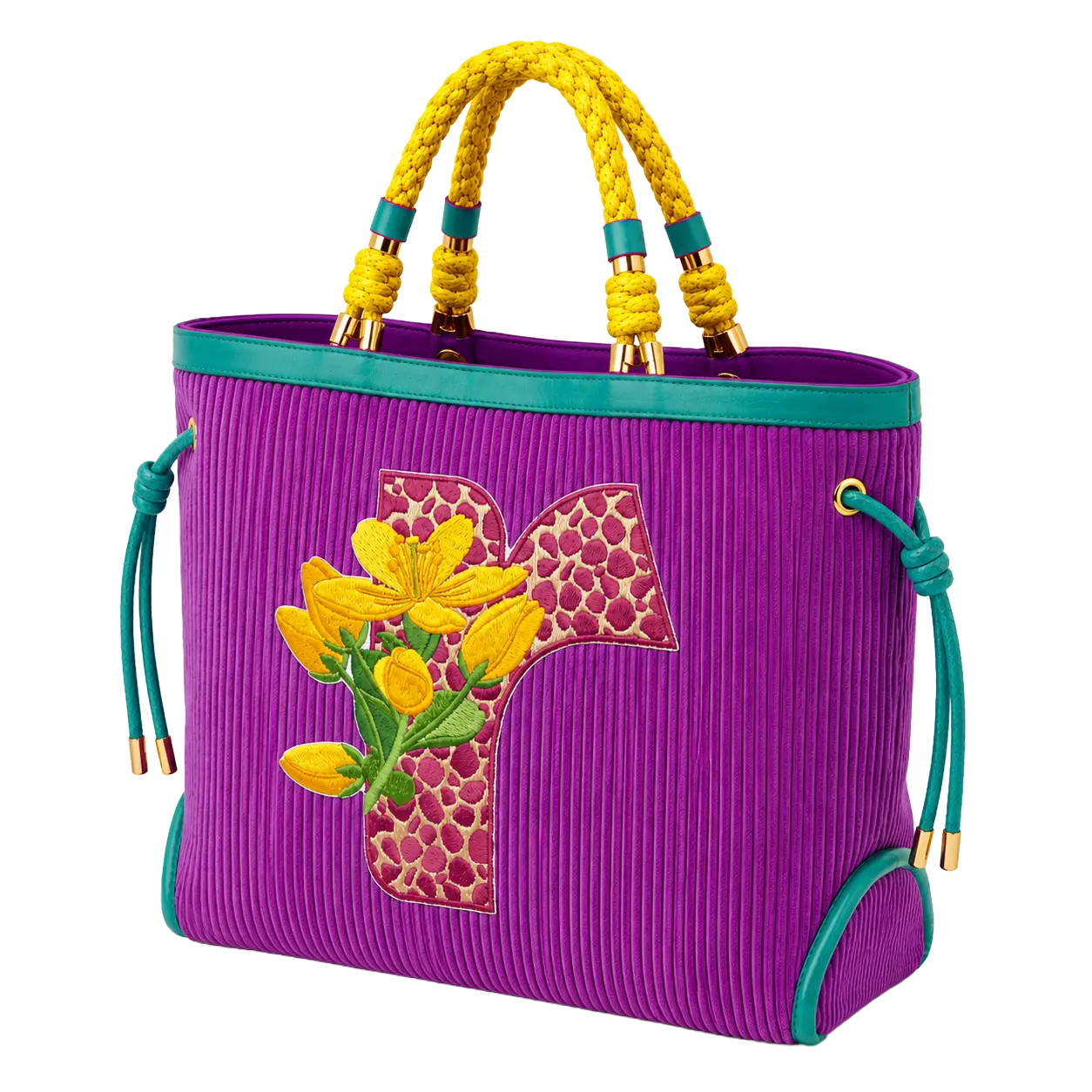 A plum purple corduroy tote bag featuring thick braided yellow top handles, teal leather trim, gold-tone hardware, and a large embroidered letter "R" patch with a pink-and-yellow animal print and yellow blossoms.