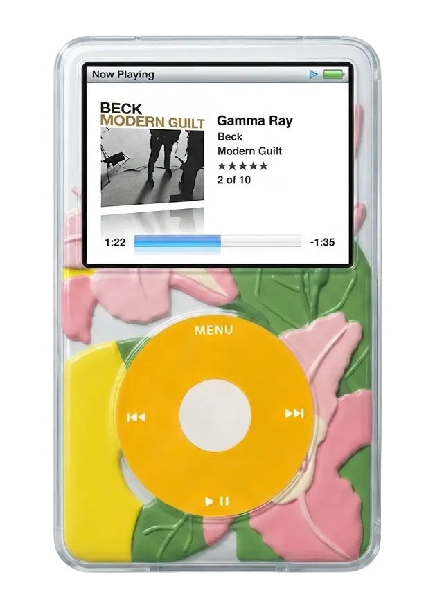 A clear Tirakas case for an iPod Classic featuring a 3D embossed botanical design with pink and yellow flowers, green leaves, a yellow click wheel, and a music playback screen displaying Beck's "Gamma Ray."