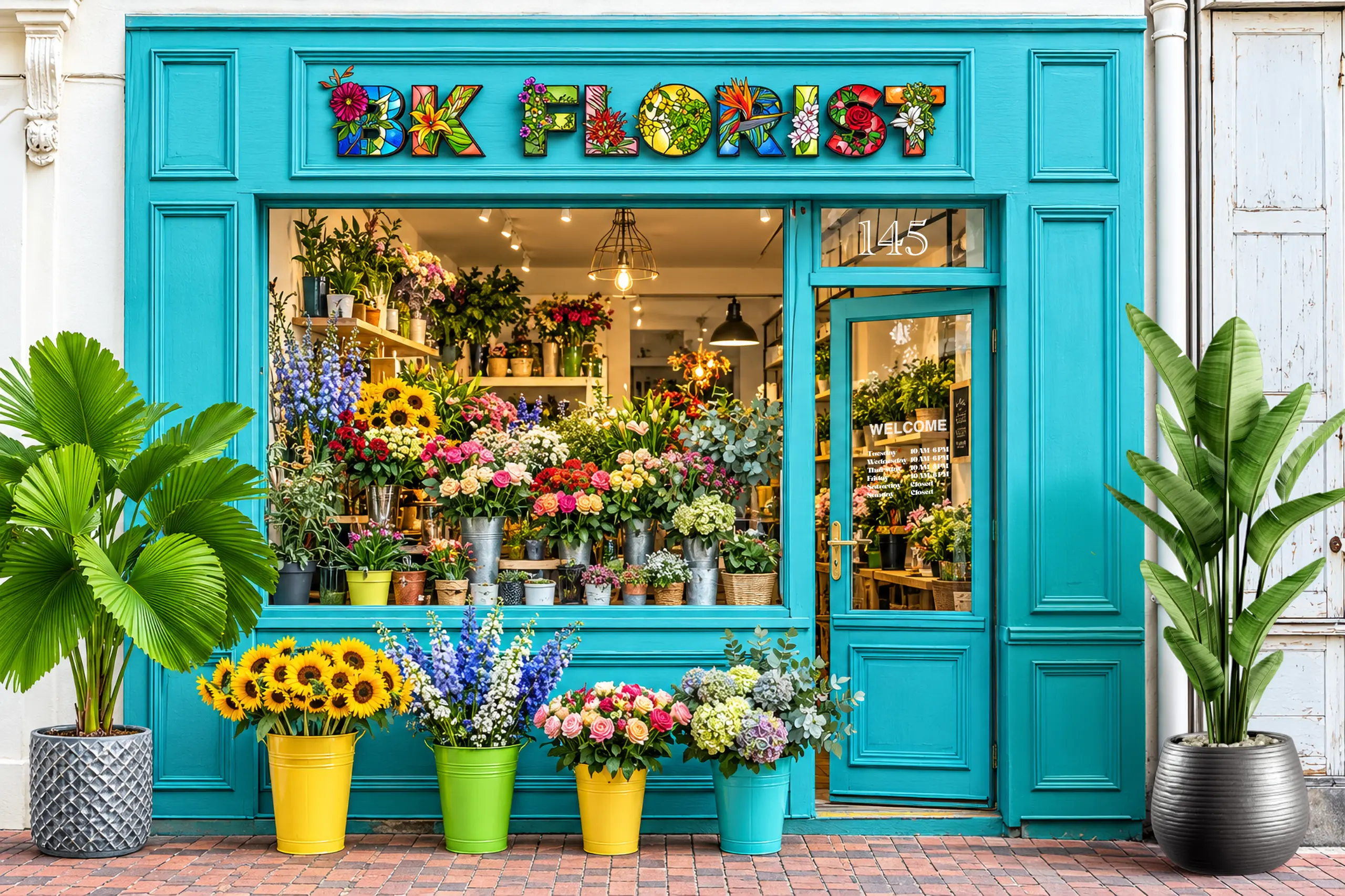 A vibrant turquoise storefront for "BK Florist" at number 145, featuring stained-glass style signage, large display windows filled with flowers, potted plants on the sidewalk, and large palm plants flanking the entrance.