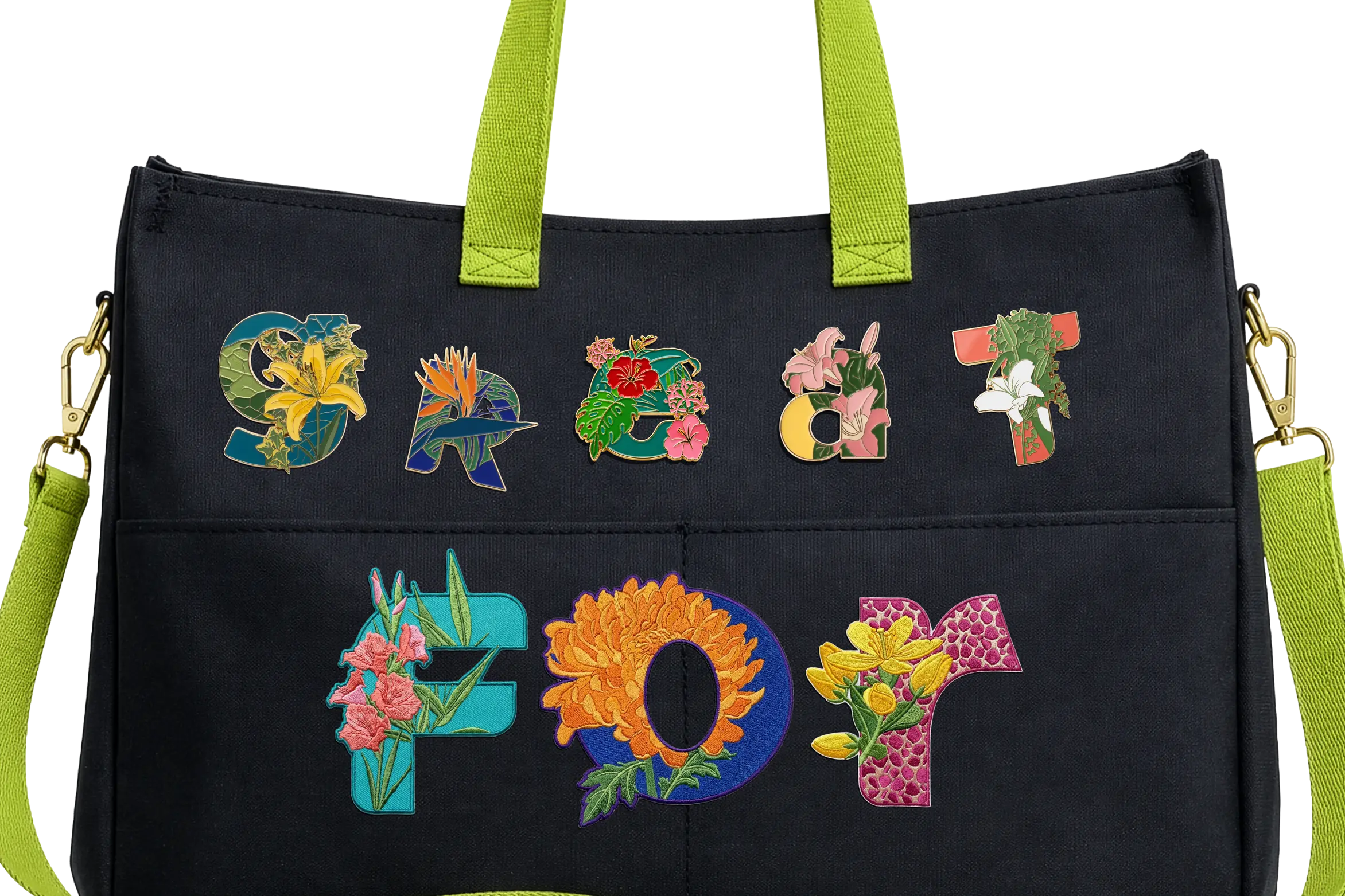 A black canvas tote bag with lime green handles, decorated with two rows of floral letter pins and patches spelling out "GREAT" and "FOR".