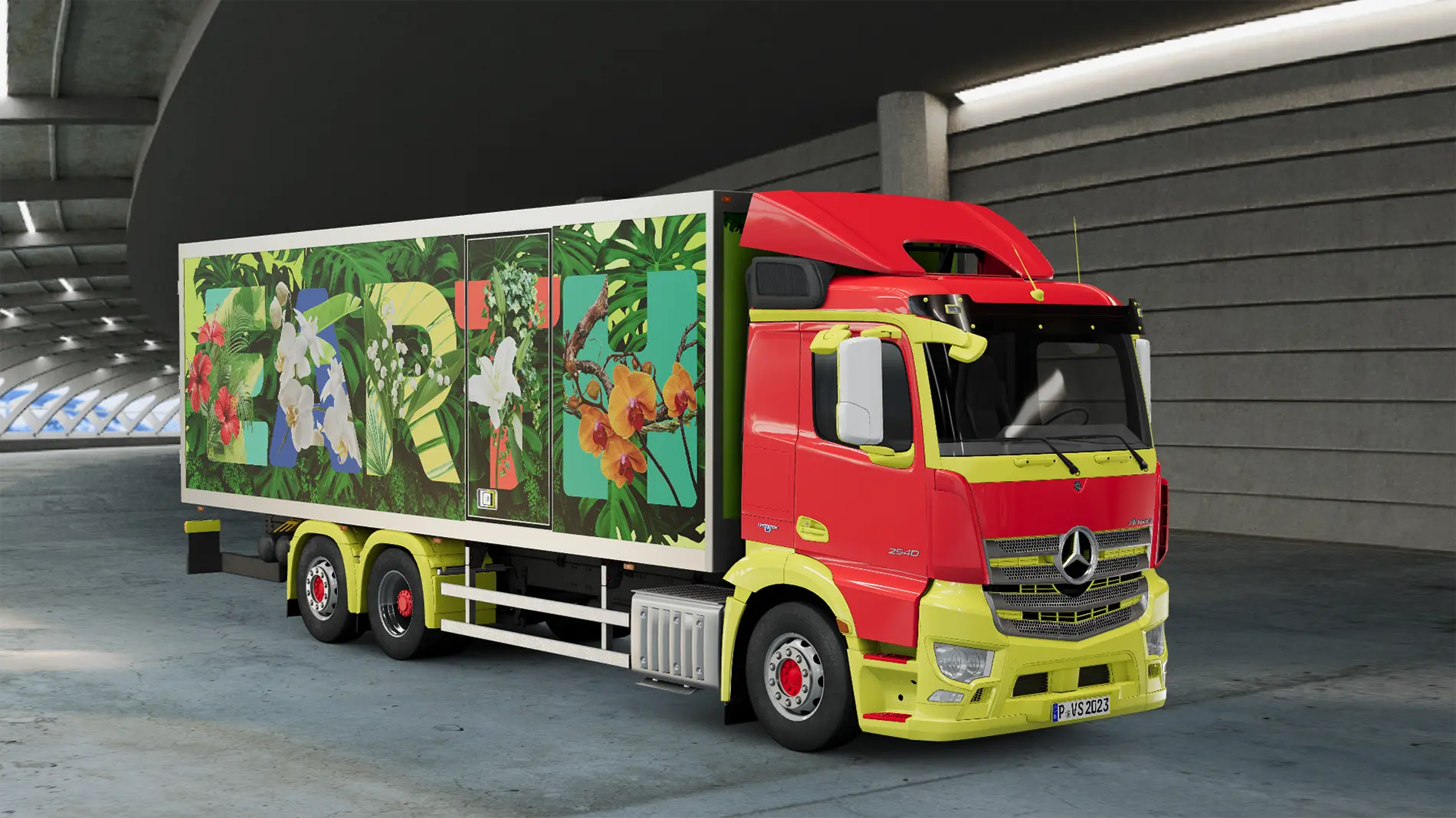 A heavy-duty Mercedes-Benz delivery truck with a red and yellow cab, parked in an industrial underpass, featuring a large side cargo wrap displaying a botanical "EARTH" typography graphic.