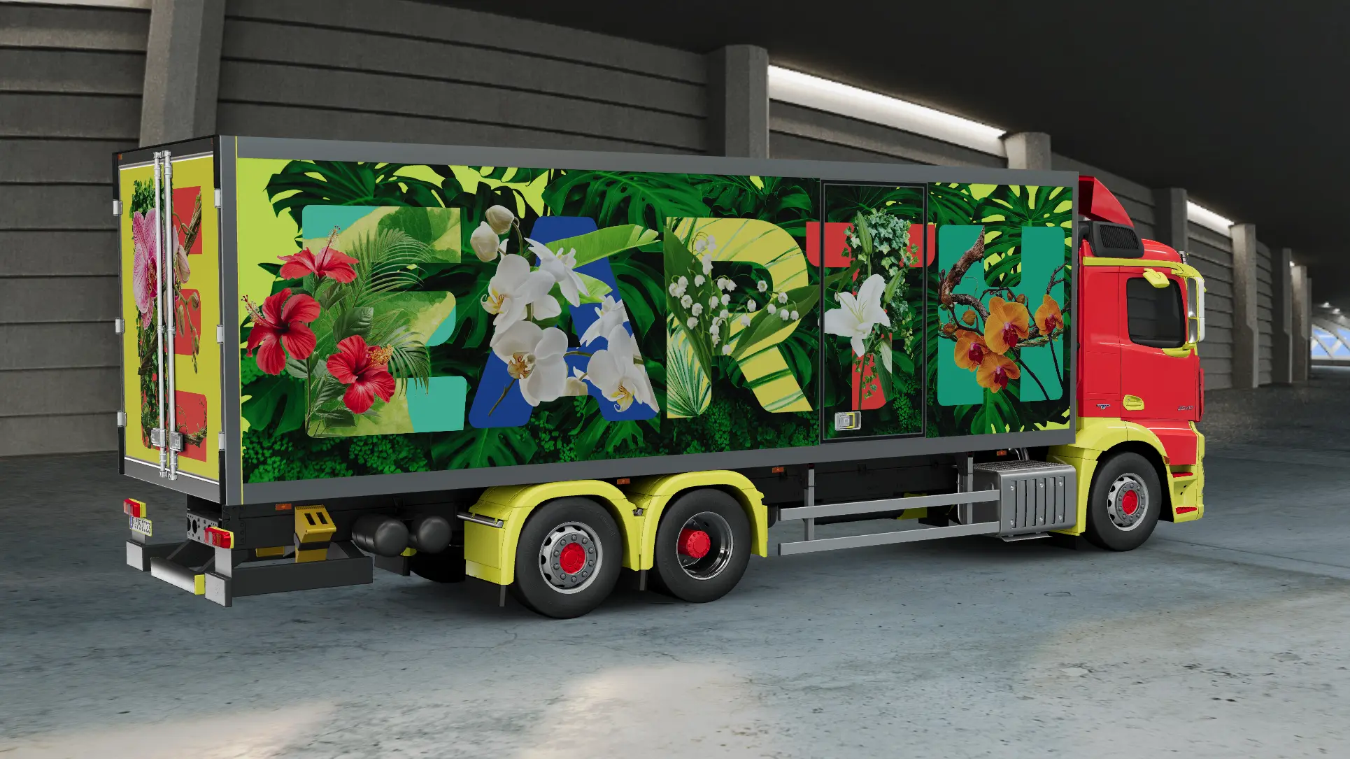 A rear-quarter view of the heavy-duty Mercedes-Benz delivery truck parked in an underpass, showing its red and yellow cab, yellow wheel fenders, and the detailed botanical "EARTH" graphic wrapping the side and rear doors of the cargo trailer.