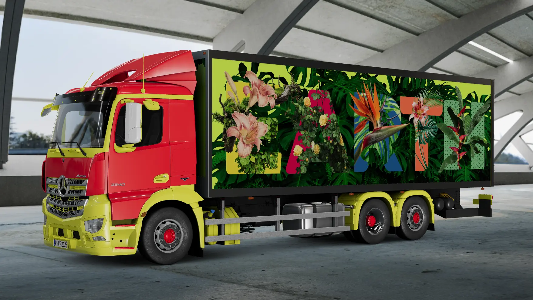 A passenger-side profile view of the heavy-duty Tirakas delivery truck parked inside a modern open-air architectural structure, highlighting the red-and-yellow cab and the full botanical "EARTH" graphic trailer wrap.
