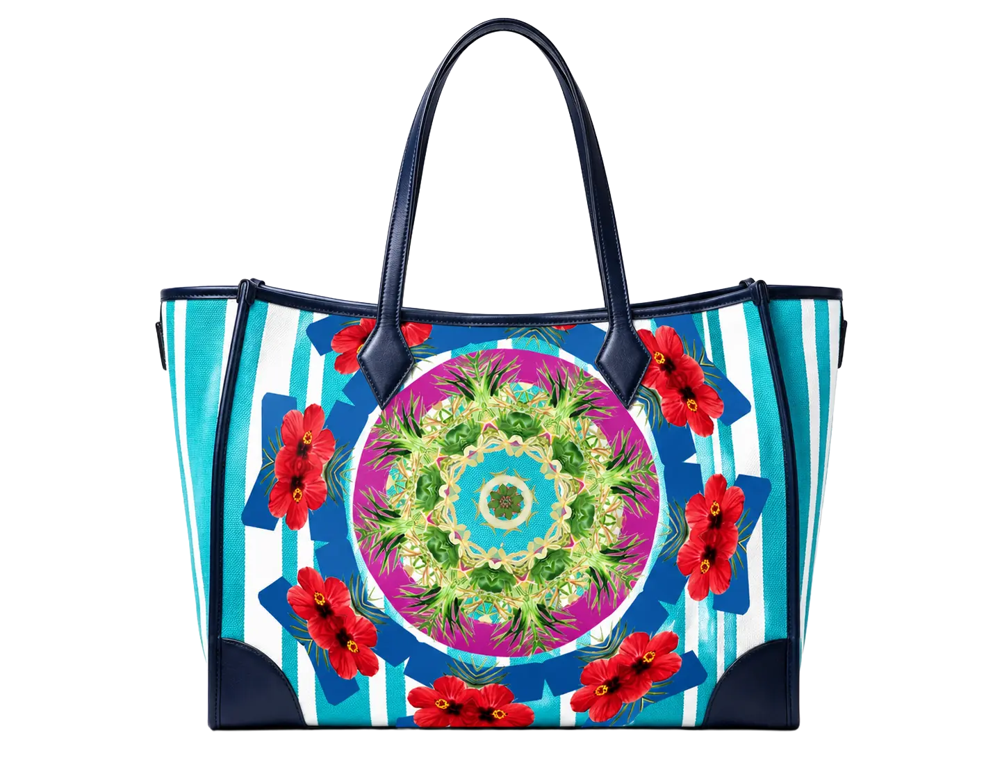 A canvas tote bag with vertical turquoise and white stripes, dark blue leather handles and trim, and a central circular kaleidoscopic floral medallion with red hibiscus accents.