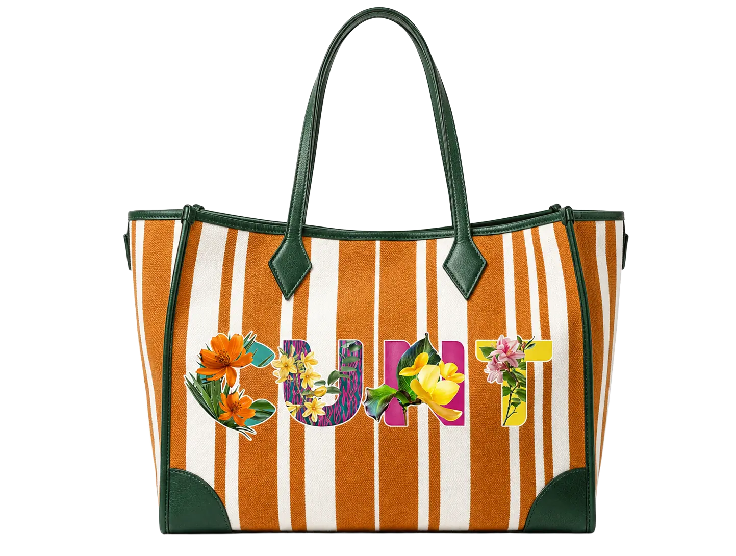 A canvas tote bag with vertical orange and white stripes, dark green leather handles and trim, and a large "CUNT" typographic graphic overlaid with colorful tropical flowers.