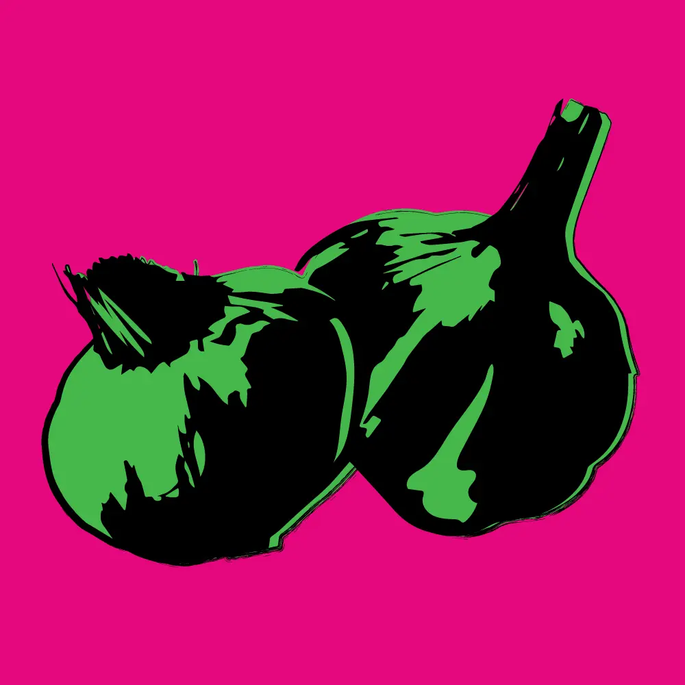 Illustration of two green garlic bulbs with black details on a bright pink background.