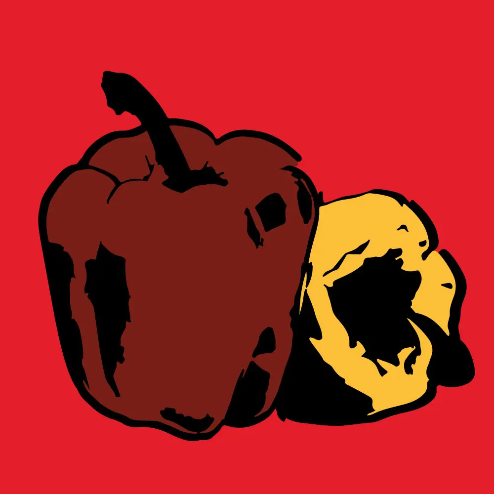 Illustration of a maroon bell pepper and a yellow pepper on a red background.