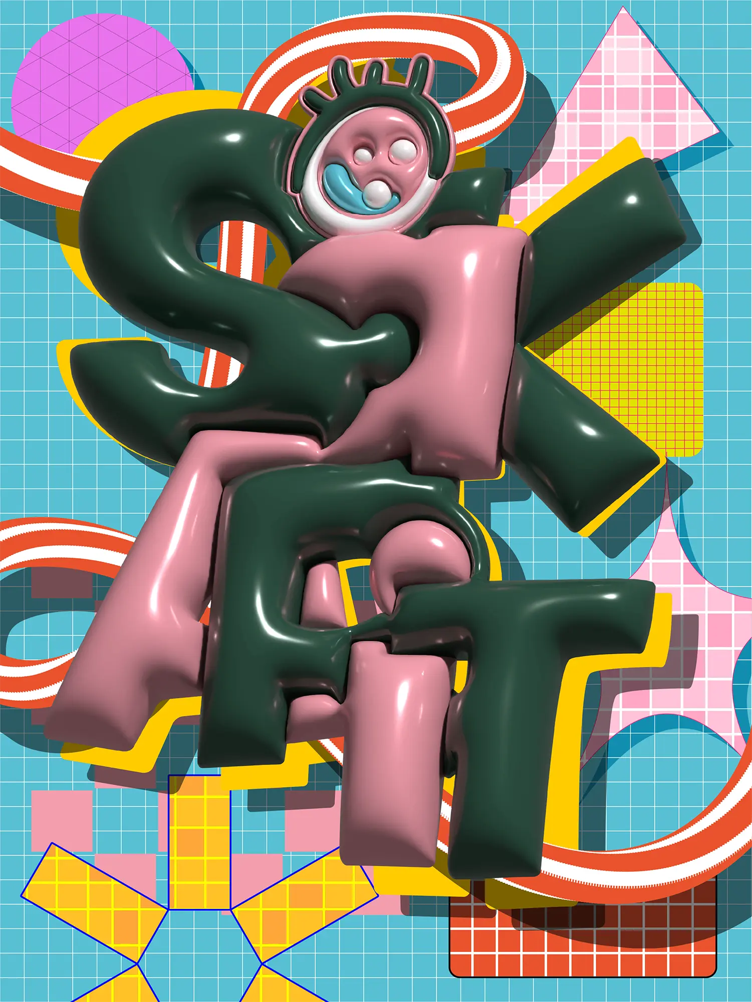 A vibrant 3D graphic poster design featuring glossy dark green and bubblegum pink inflated letters spelling "SAKARIT" layered over a blue grid pattern, yellow geometric shapes, striped candy-like swirls, and a quirky cartoon eye character peeking out at the top.