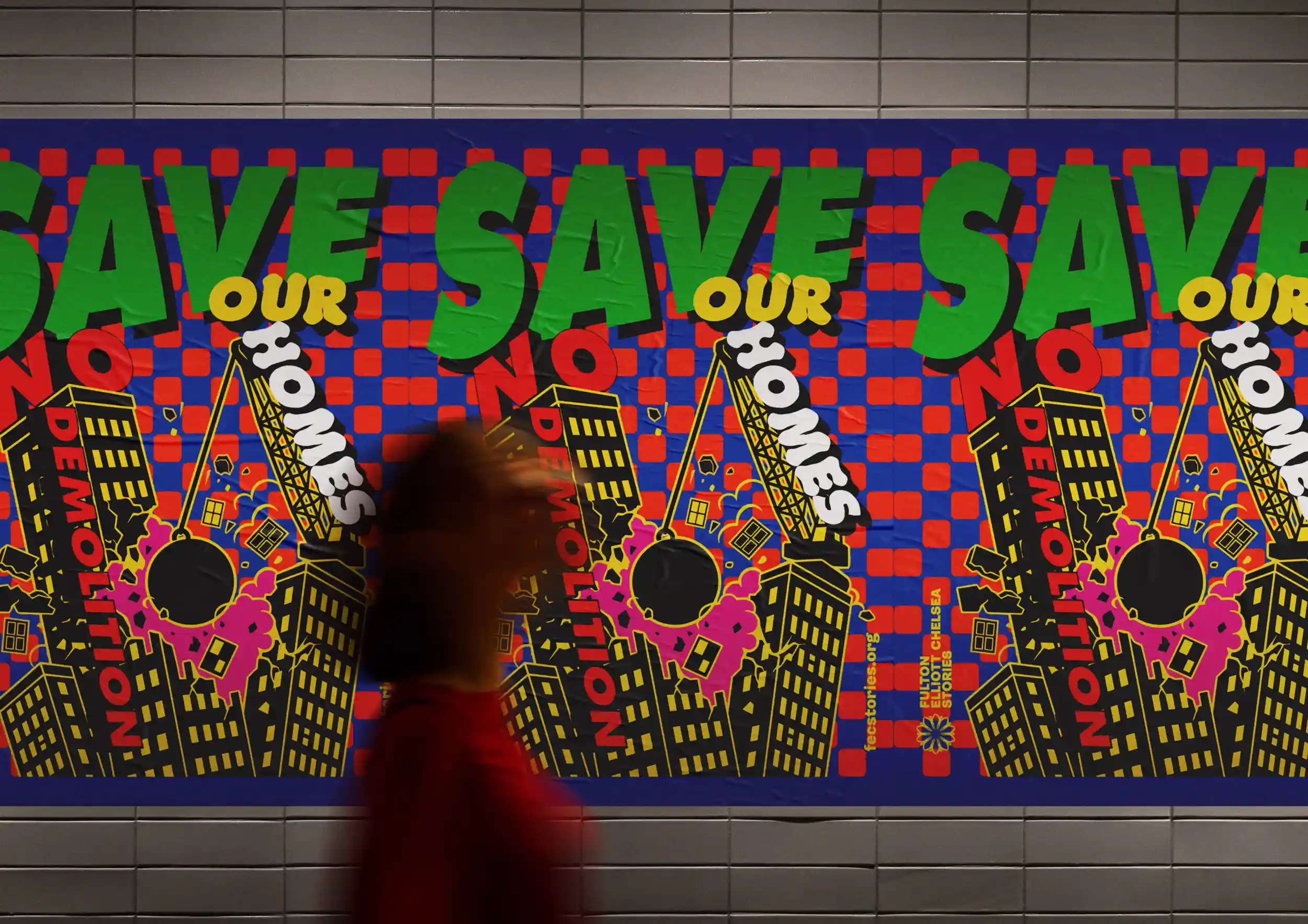 Public housing artwork reading “SAVE OUR HOMES,” with illustrated buildings and a colorful urban scene on a blue and red background.